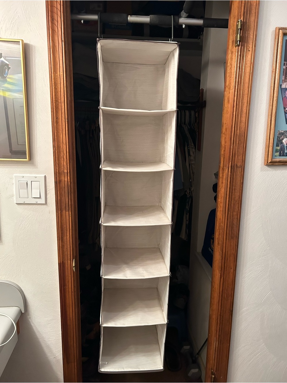 Hanging Fabric Closet Organizer-White 6 Tier Storage, sturdy double rod hangars.